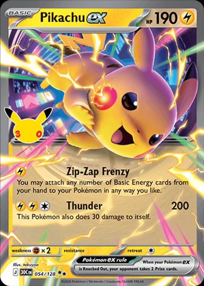 Pikachu ex 054/128 (영문판) 카드 앞면 (웹 이미지)