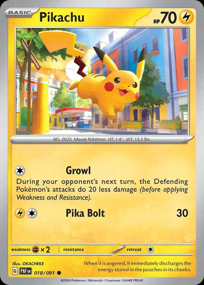 Pokémon TCG Pikachu PAF 018/091 C (EN) 카드 앞면 (웹 이미지)